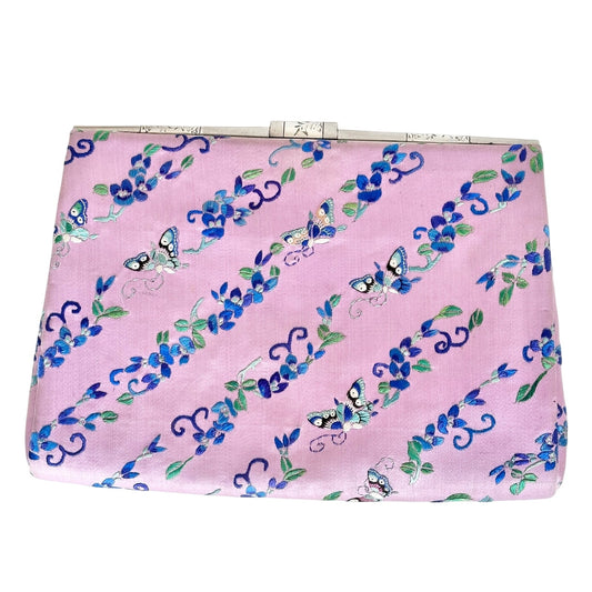Vintage Silk Butterfly Clutch Handbag Purse Clasp Purple Evening Bag Floral