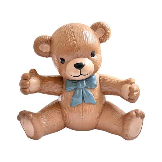 Vintage Ceramic Teddy Bear Blue Bow Decor Statue Nursery Kitsch Cute 80s Figure