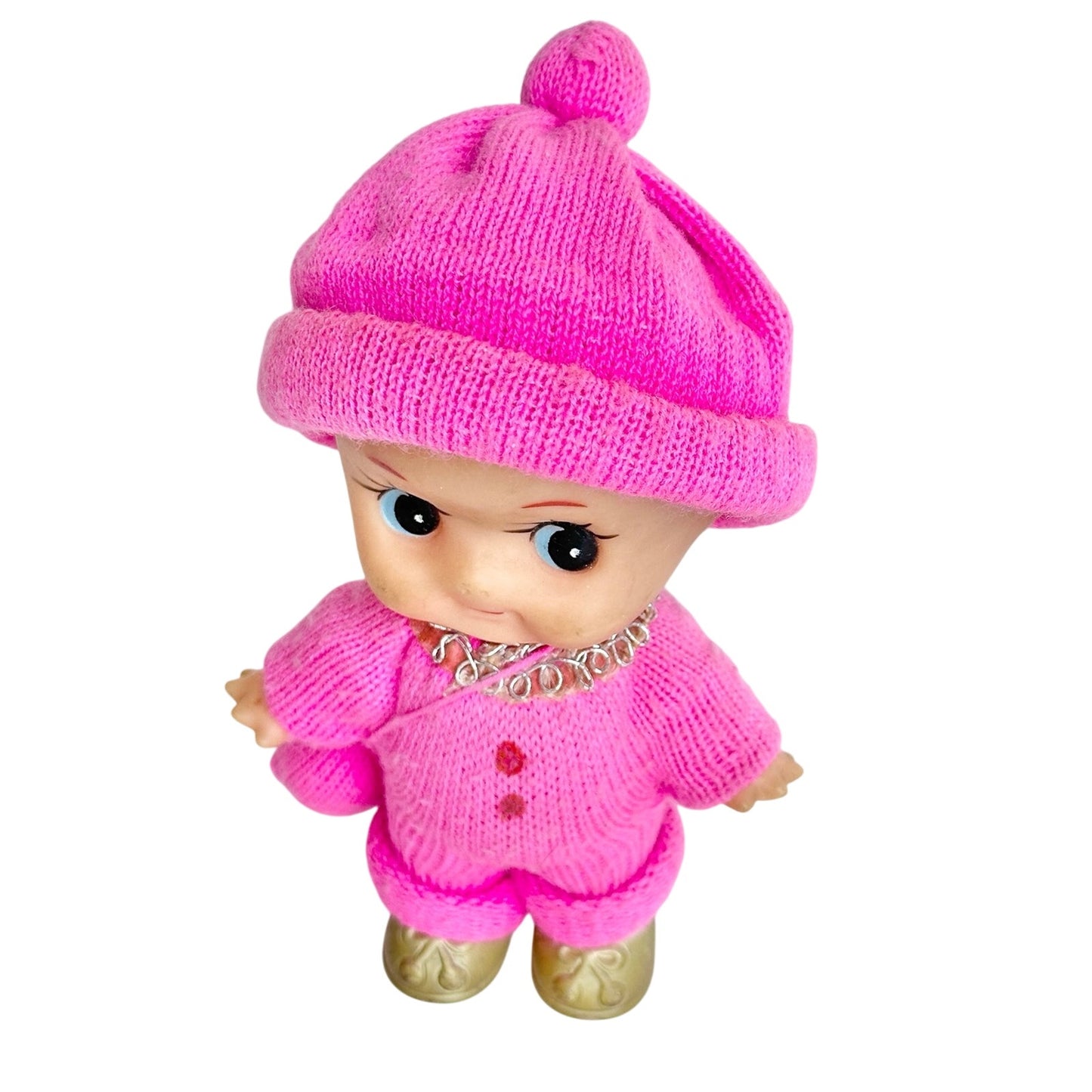 Vintage Japan Kewpie Pink Sweater Hat Doll Figure Star Hands