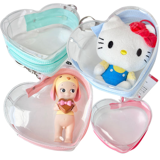 Heart Clear Toy Carrier Pouch Bag Charm Keychain Holder Zipper PVC Case