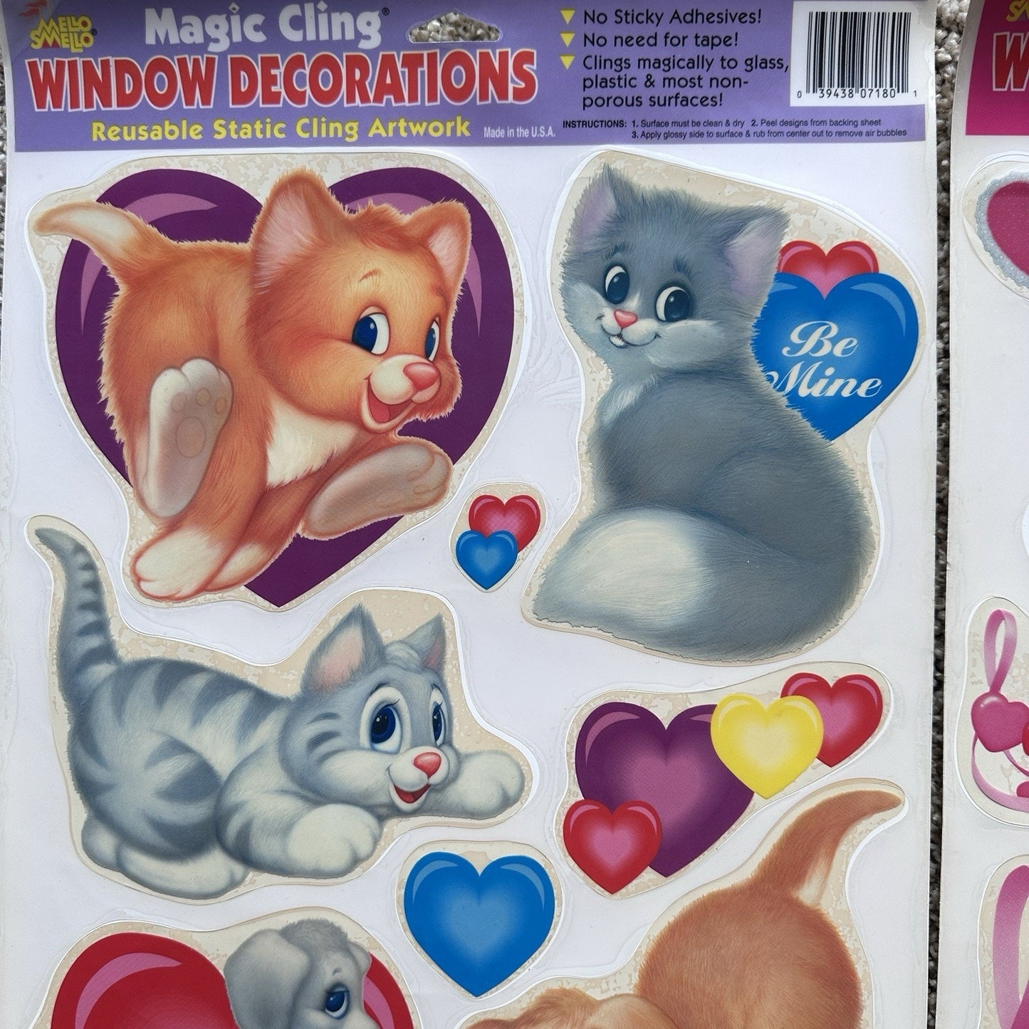 90s Vintage Holiday Window Clings Vinyl Valentine's Day Kitsch Hearts Retro Cats