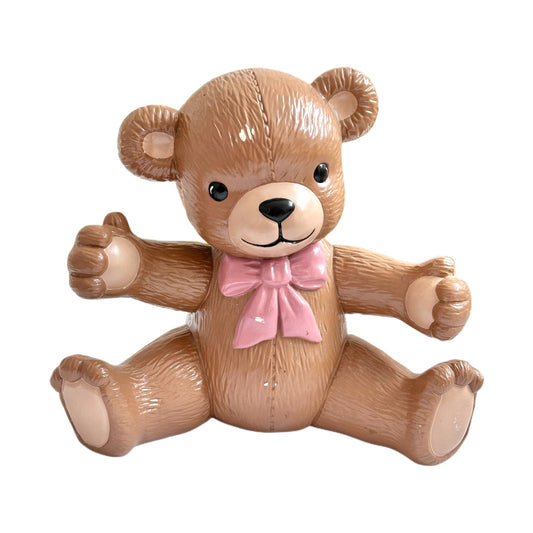 Vintage Ceramic Teddy Bear Pink Bow Decor Statue Nursery Kitsch Cute 80s Figure