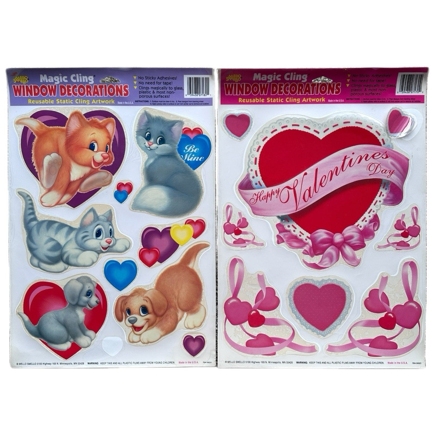 90s Vintage Holiday Window Clings Vinyl Valentine's Day Kitsch Hearts Retro Cats