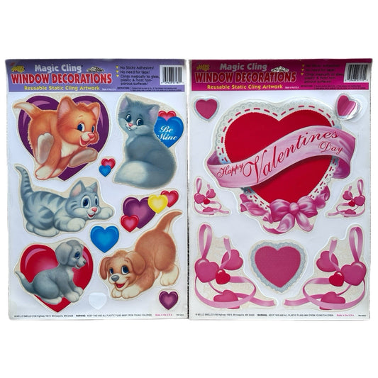 90s Vintage Holiday Window Clings Vinyl Valentine's Day Kitsch Hearts Retro Cats
